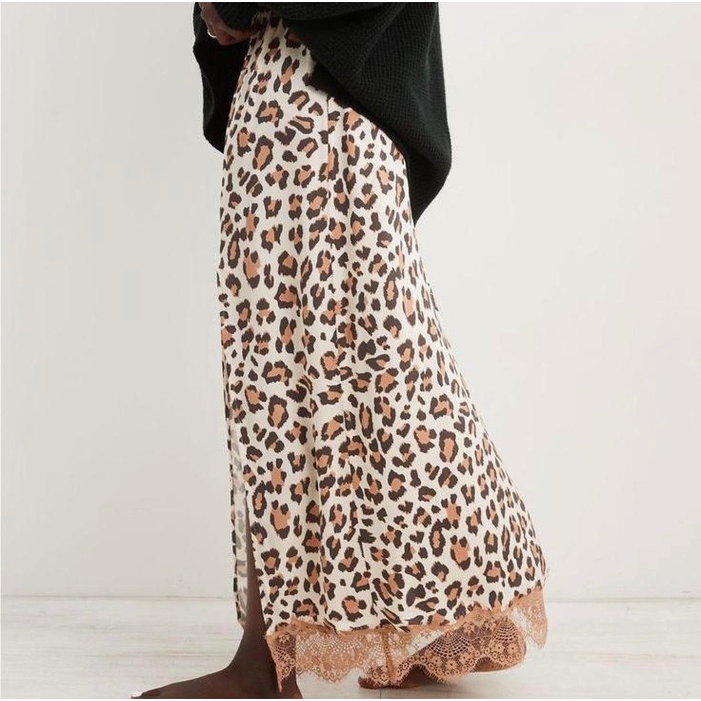 Aerie Leopard Print Lace Trim Midi Skirt Tan Brown XXL Side Slit Satin Feel